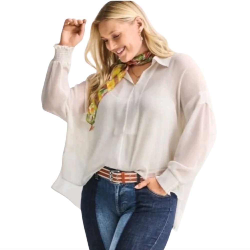 Cabi Abbey Ivory‎ Medium Sheer Blouse V-Neck See Through Coquette